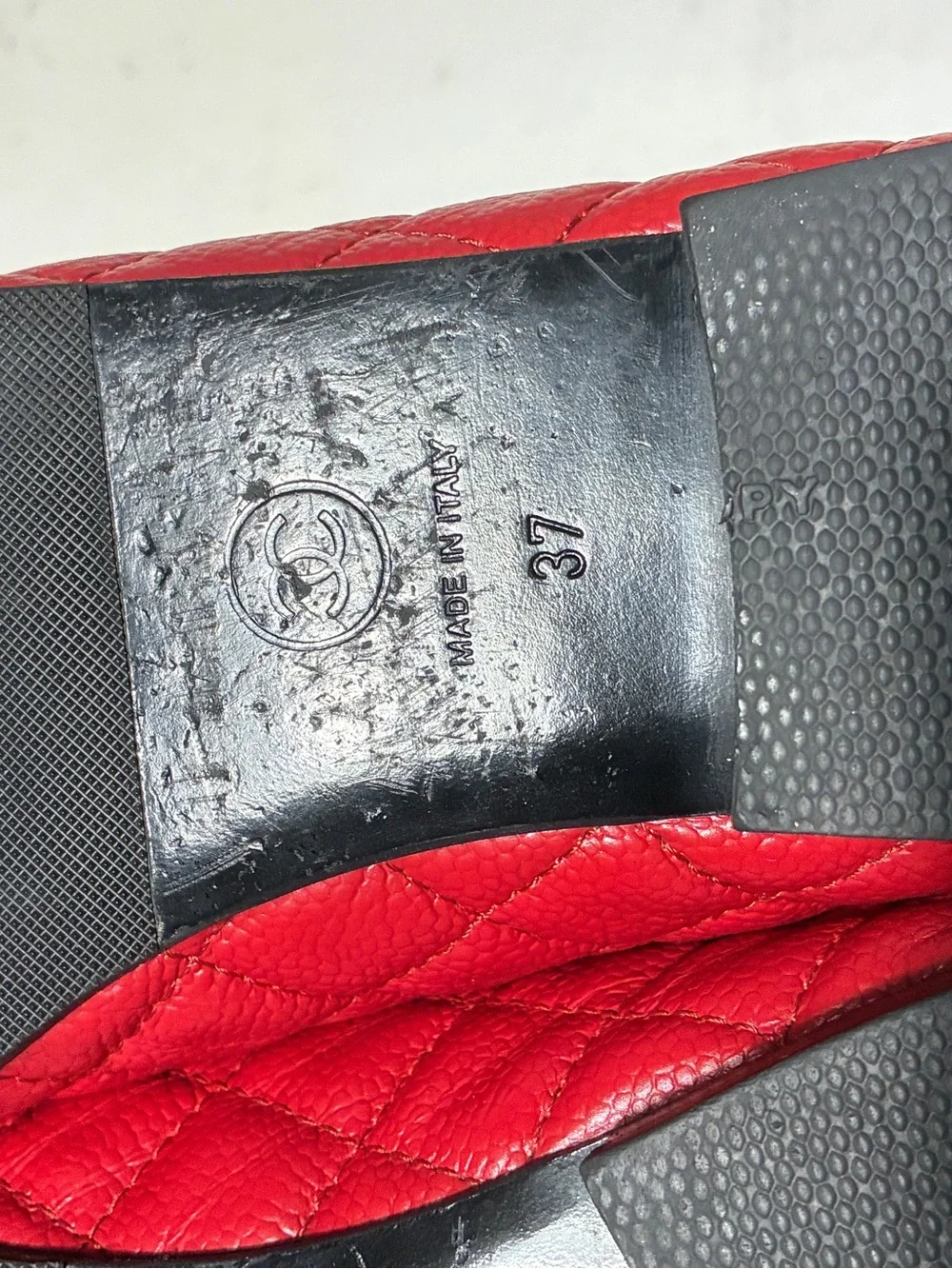 sold CHANEL Red Quilted Leather Ballet Flats with Bow and Embossed CC